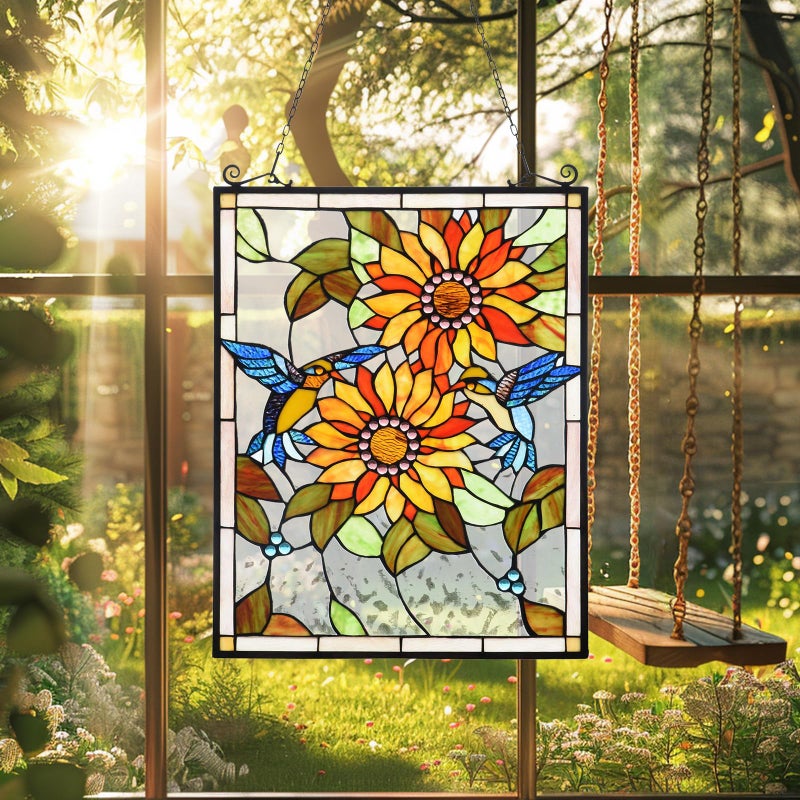 Capulina Sunflower and Birds Stained Glass Panels Window Hangings Tiffany Style Glass Traditional Art Handicrafts for Home Window Decor Gifts - Image 4